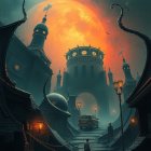 Gothic Cityscape with Fiery Vortex and Dark Waters