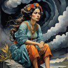 Woman in Traditional Attire with Candle and Skulls