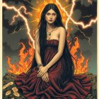 Woman in Purple Dress on Rocky Outcrop with Energy Burst