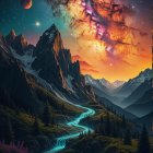 Cosmic Landscape with Mountains and Vibrant Sky