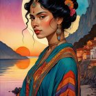 Portrait of a woman with flowers and a sunset backdrop