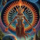 Deity with Multiple Arms in Vibrant Celestial Scene