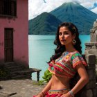 Young Woman in Traditional Attire by Serene Lake