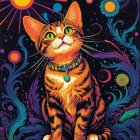 Cosmic Scene with Orange Tabby Cat and Luminous Trees