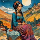 Serene Woman in Traditional Attire Amidst Scenic Landscape