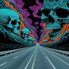 Surreal Highway Scene with Cosmic Backdrop and Skulls