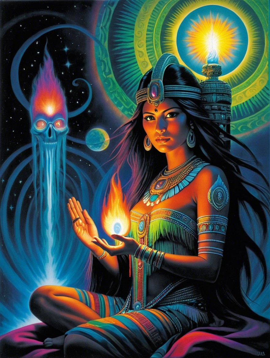 Mystical Woman with Jewelry and Glowing Flame in Cosmos