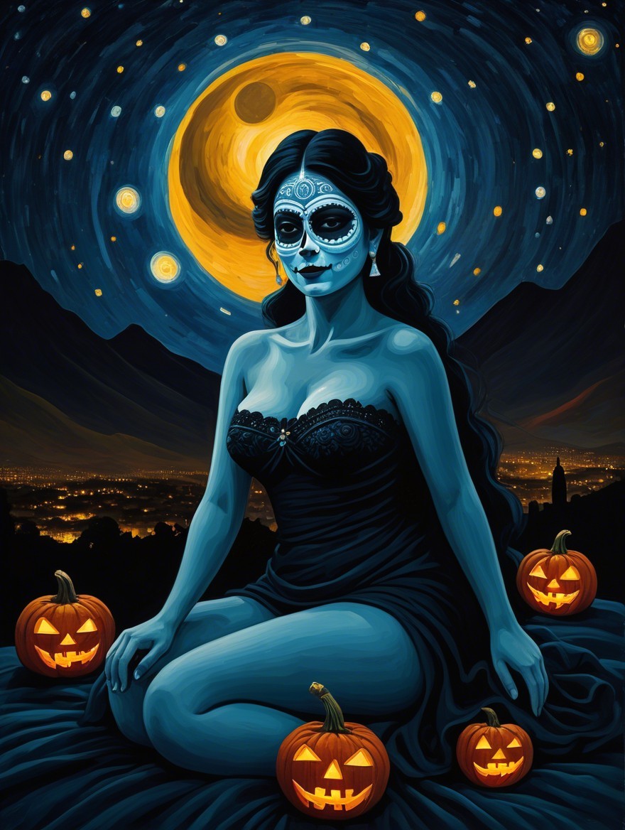 Serene Figure with Skull Face Against Moonlit Landscape