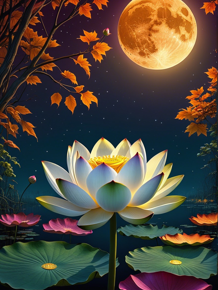 Serene Nighttime Scene with Lotus and Full Moon
