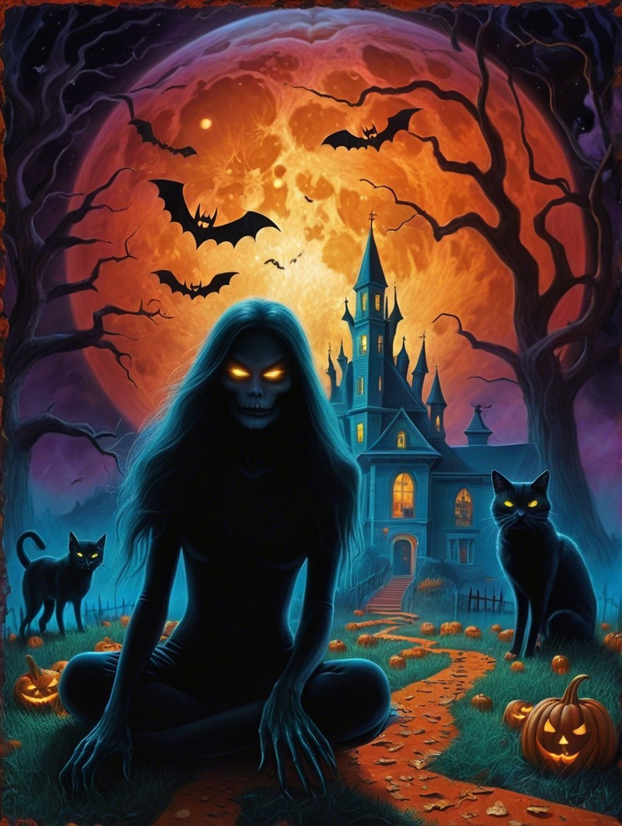 Eerie Halloween Scene with Moon and Skeletal Figure