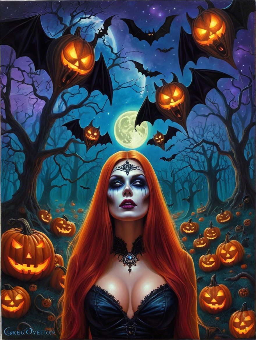 Mystical Woman in Dark Attire with Jack-o'-Lanterns