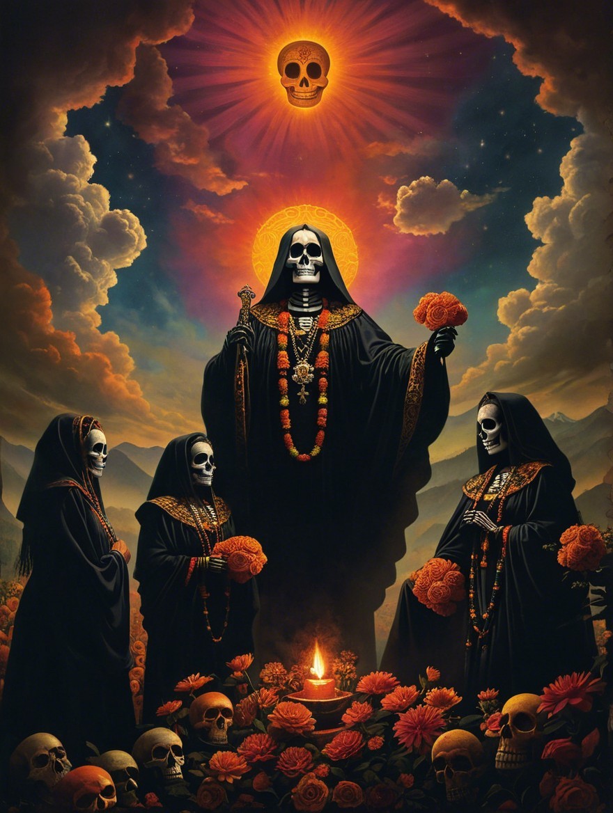Skeletal Figures in Dark Robes Around Glowing Flame