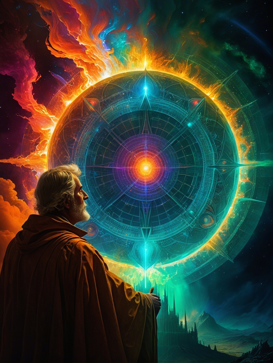 Cosmic Wheel Surrounded by Mystical Landscapes and Awe