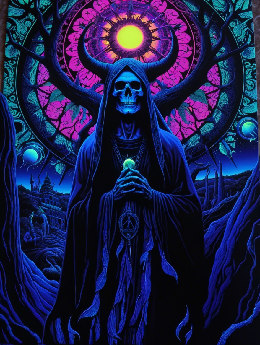 Skeletal Figure in Dark Robes Against Cosmic Backdrop