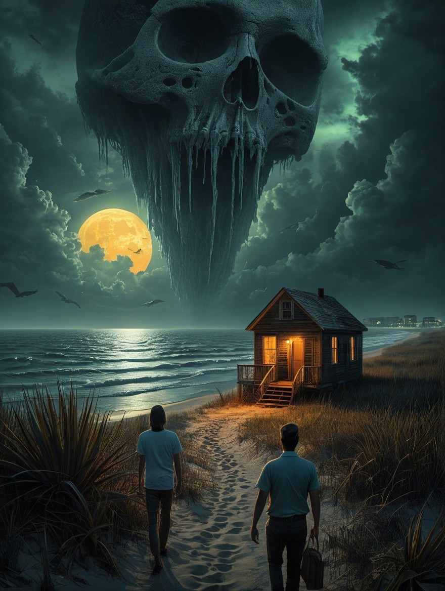 Eerie Landscape with Cottage and Skull in Night Sky