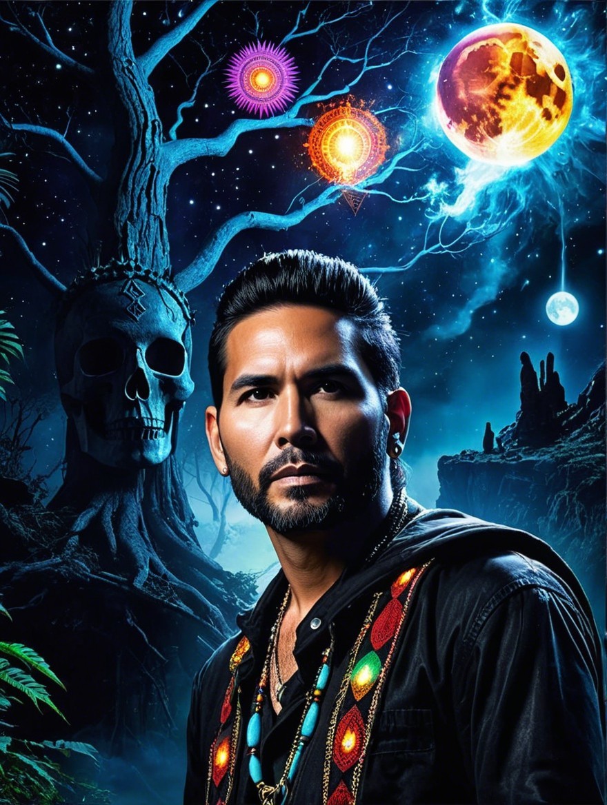 Male figure in black outfit against mystical landscape