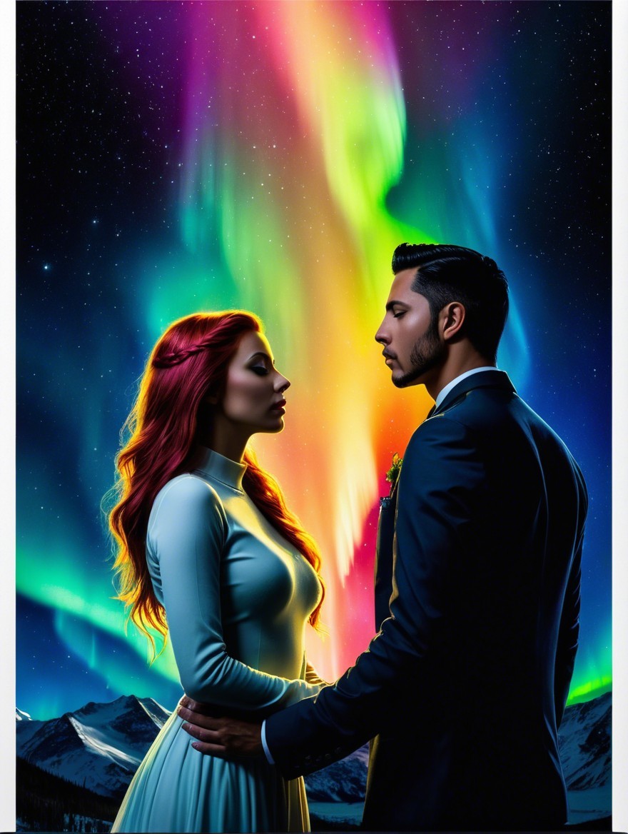 Couple Under Northern Lights with Vibrant Colors