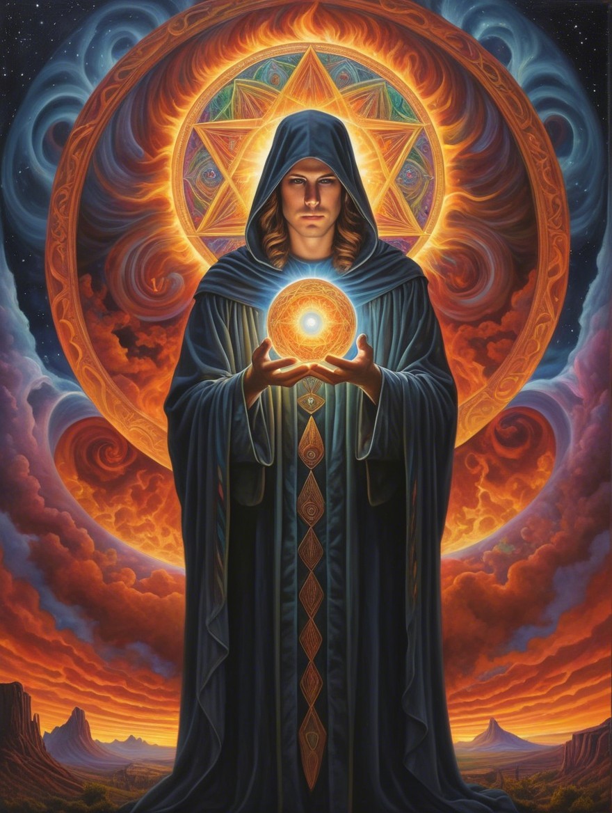 Mystical Figure in Blue Robe Against Cosmic Backdrop