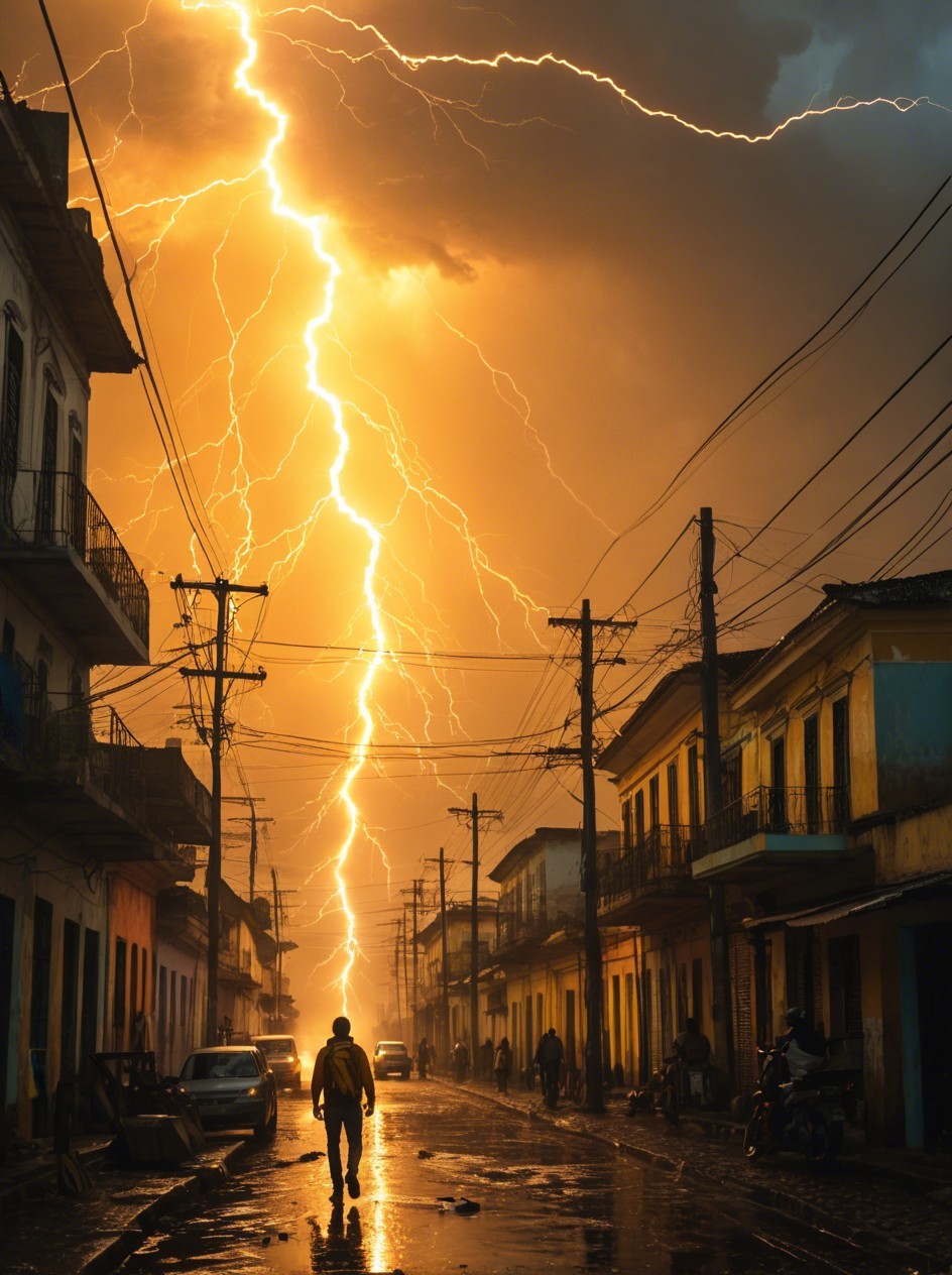 Person Walking on a Dark City Street During Storm
