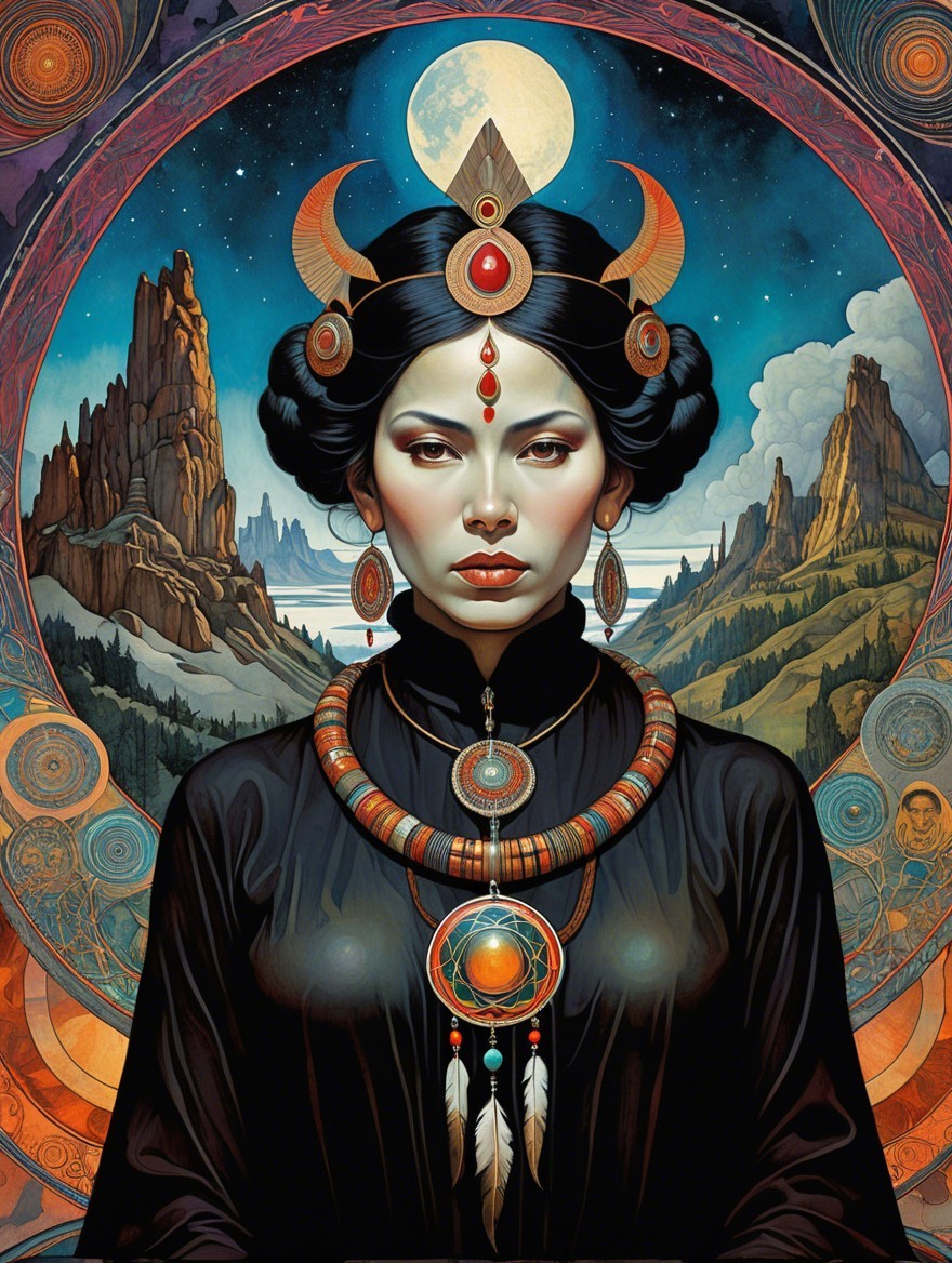 Mystical Figure in Elaborate Jewelry Against Surreal Landscape