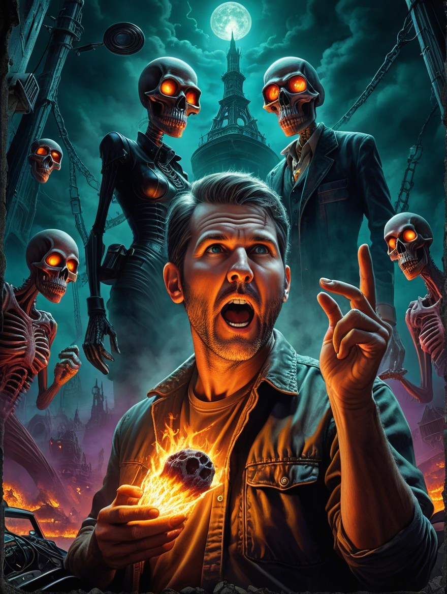 Dramatic Scene of Man with Fiery Orb and Skeletal Figures