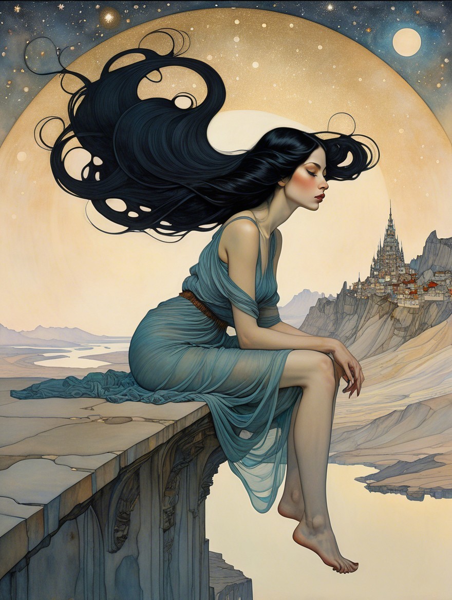Mystical Woman in Teal Gown on Cliff at Night