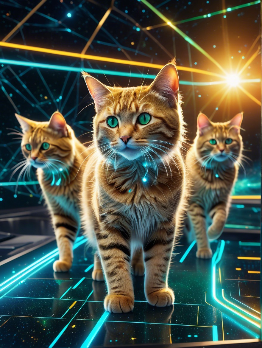 Tabby Cats in Neon Futuristic Landscape