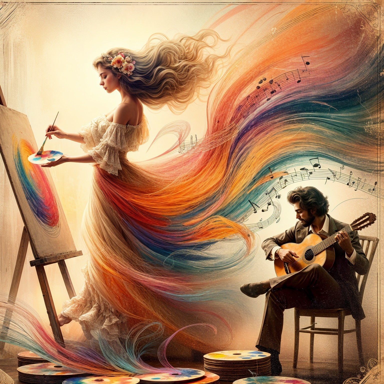 Whimsical Scene of Art and Music Harmony