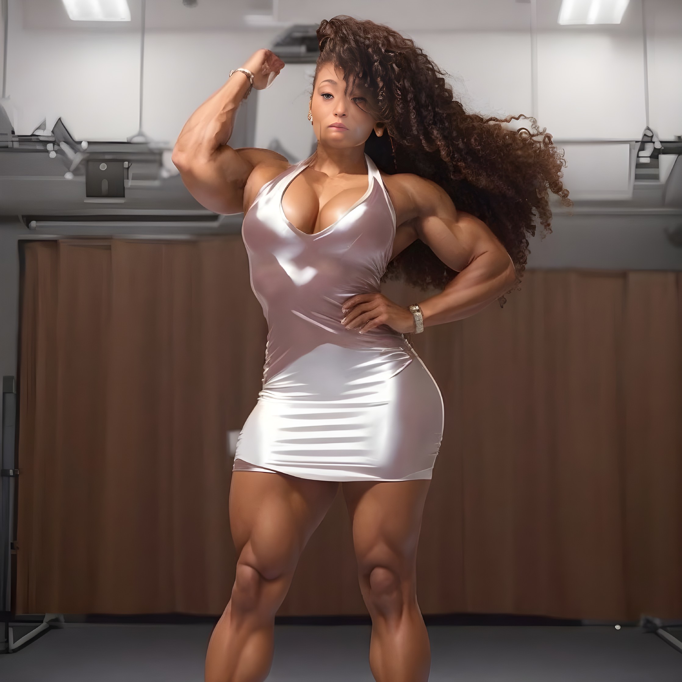 Strong Woman in Silver Dress Showcasing Muscular Physique