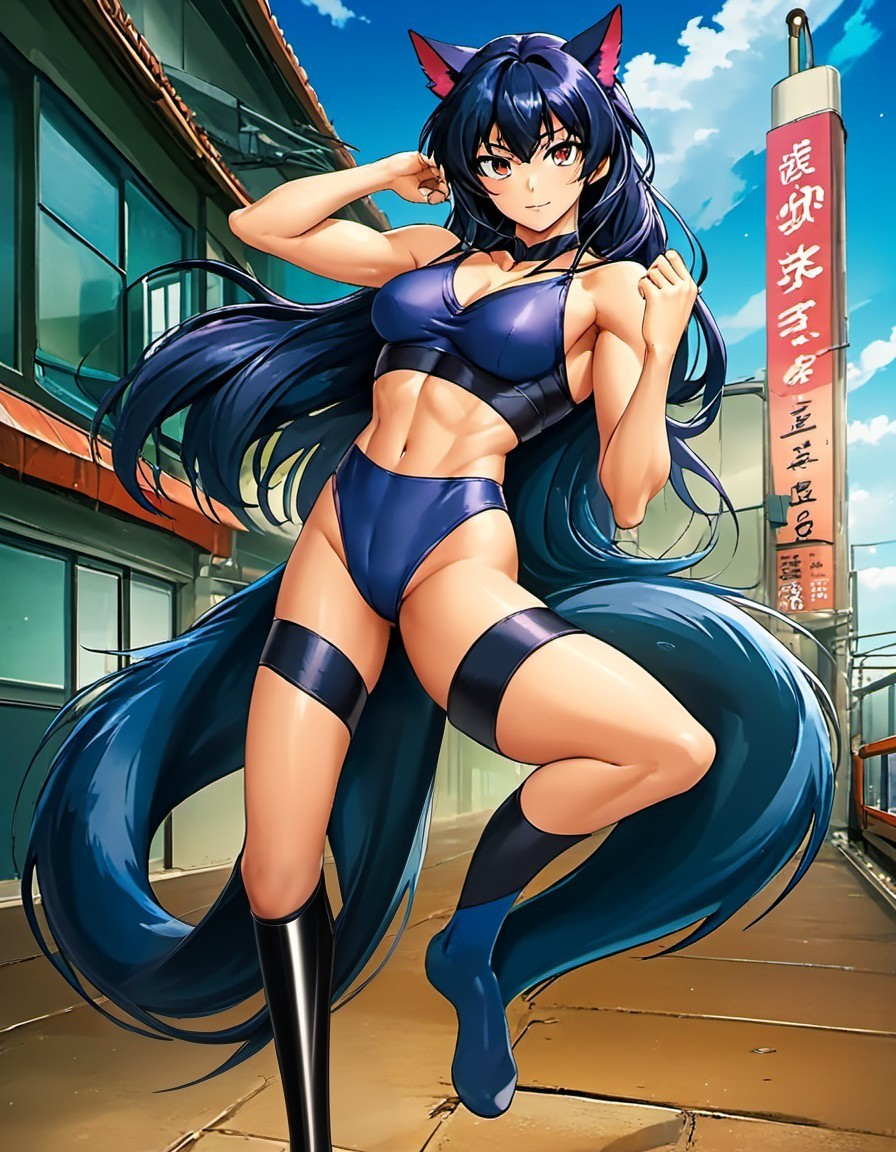 Anime Character with Long Black Hair and Cat Ears