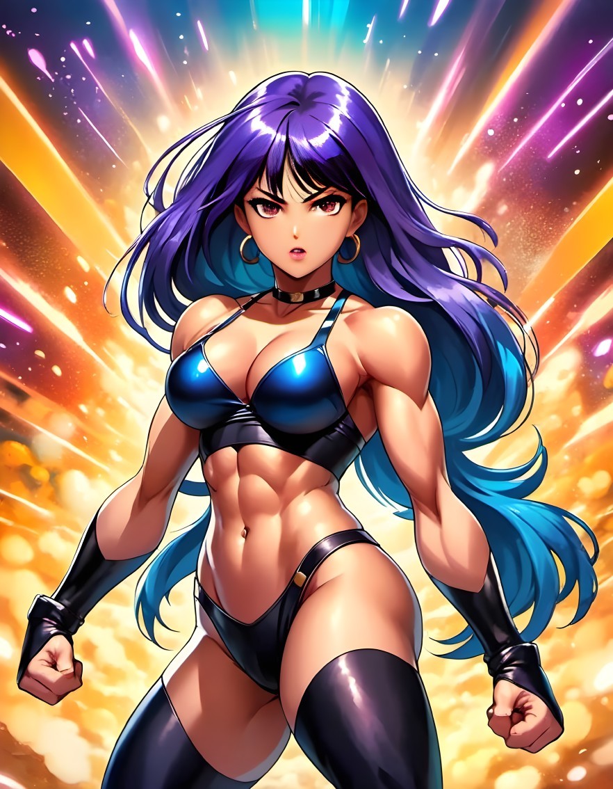 Fierce Female Character with Sculpted Muscles and Colorful Background