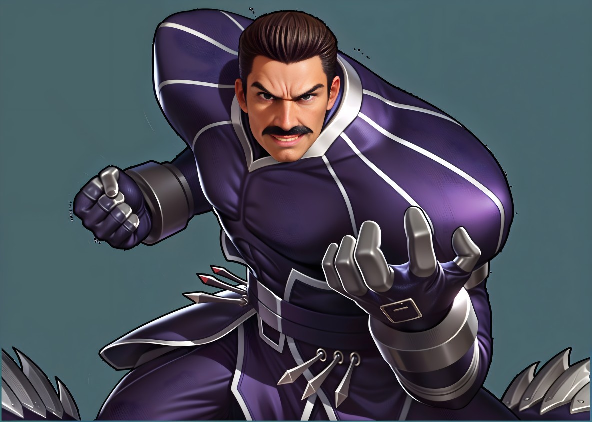 Muscular Superhero in Dark Purple Suit with Silver Accents