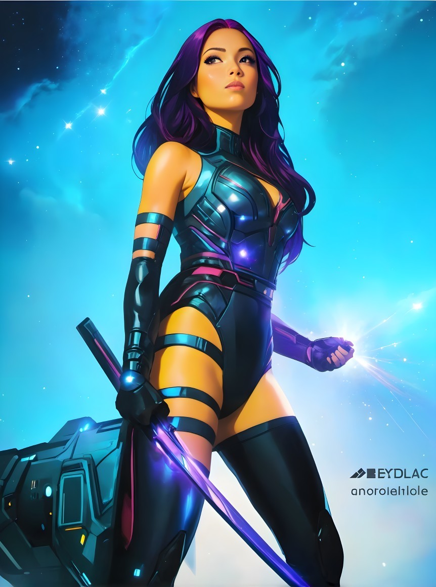 Futuristic female warrior in sleek black metallic suit