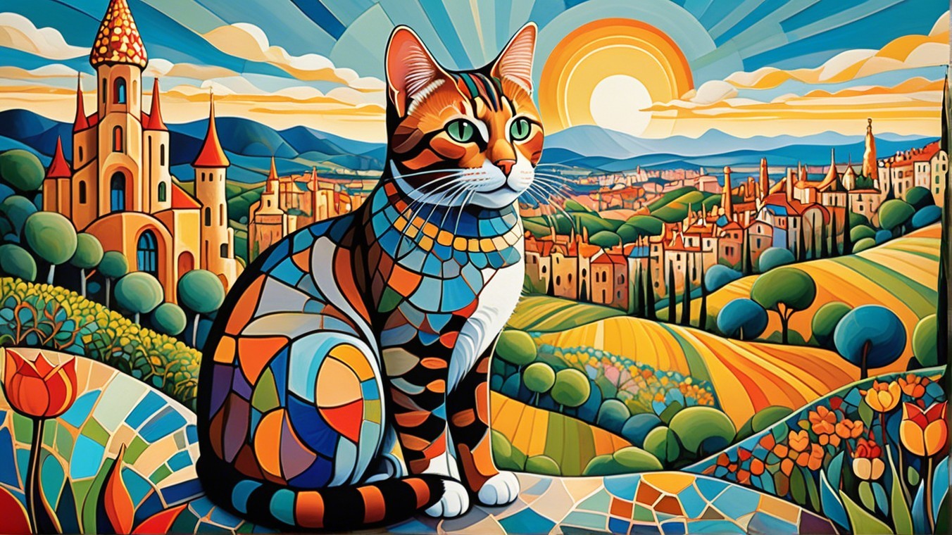 Colorful Illustration of a Cat on a Scenic Hilltop