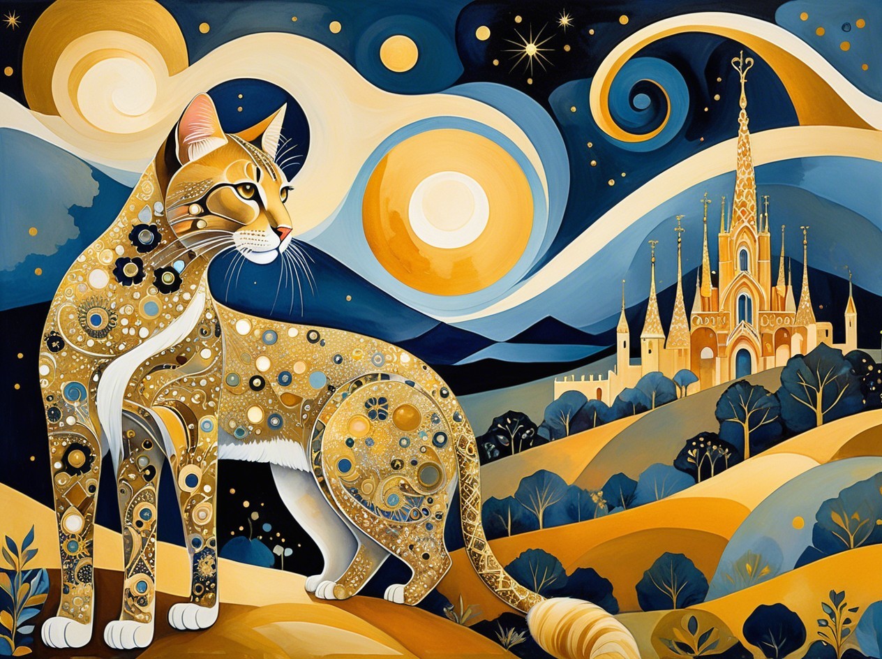 Golden-spotted cat in a whimsical night landscape