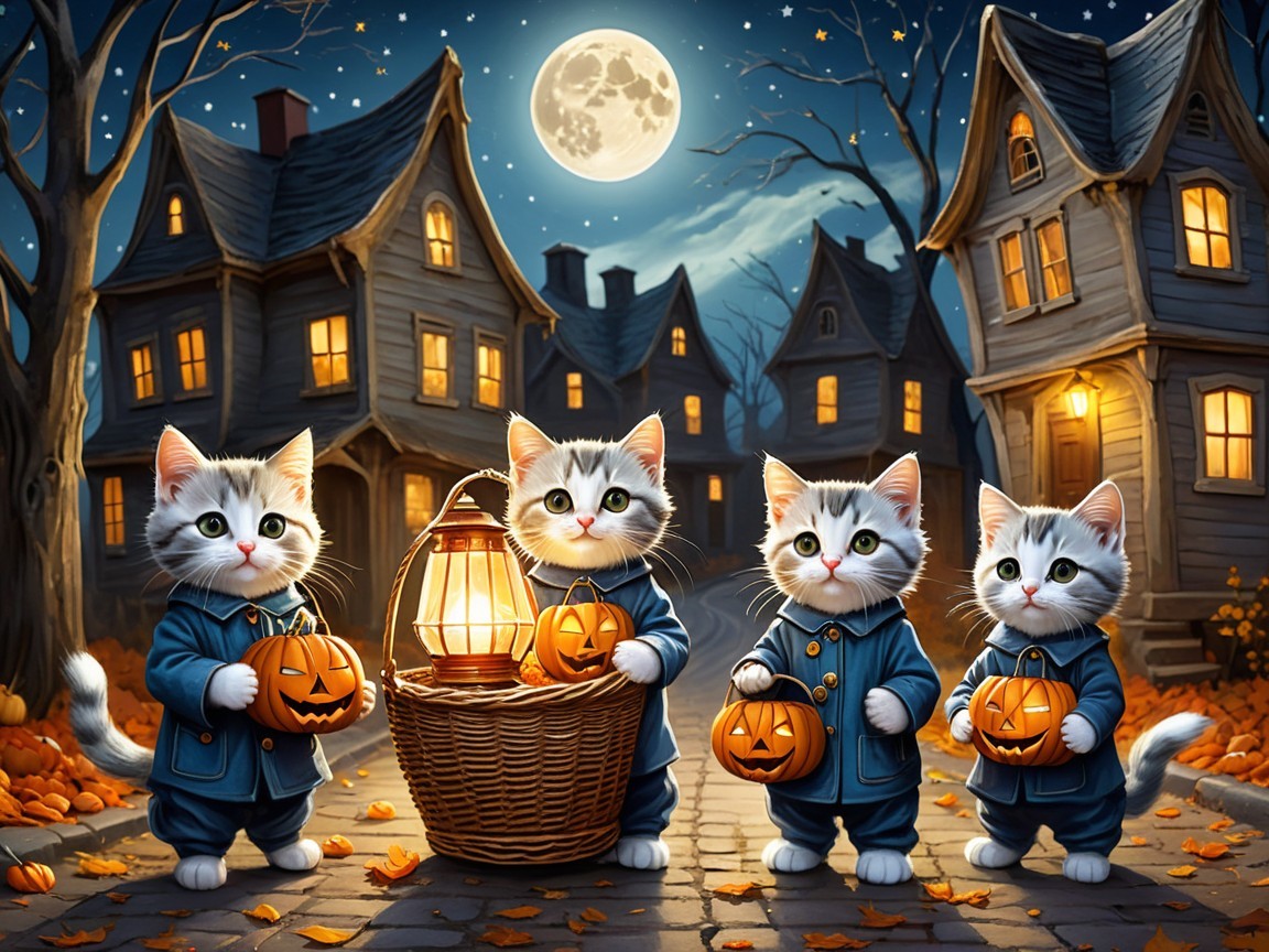 Playful Kittens in Halloween Scene with Pumpkins