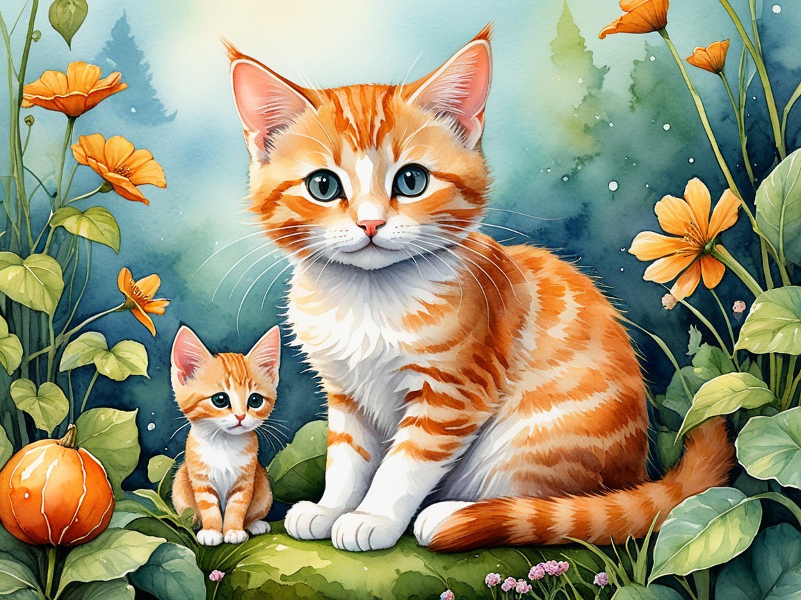 Watercolor of Orange Tabby Cat and Kitten in Flowers