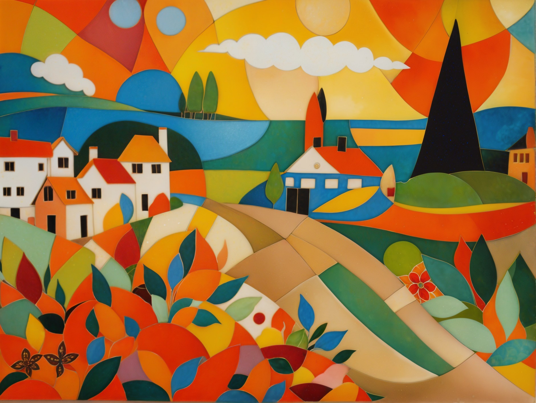 Vibrant Landscape Artwork with Colorful Patchwork Elements
