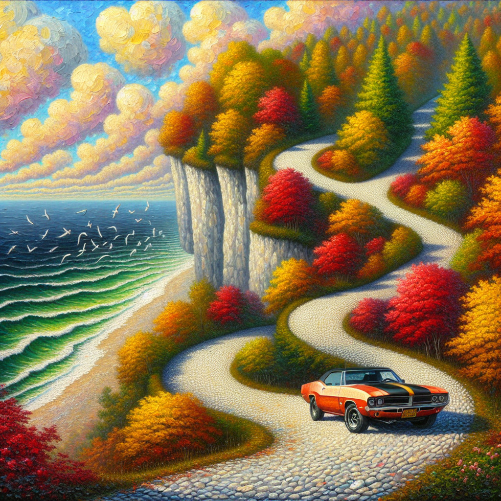 Vibrant Landscape with Winding Road and Classic Car