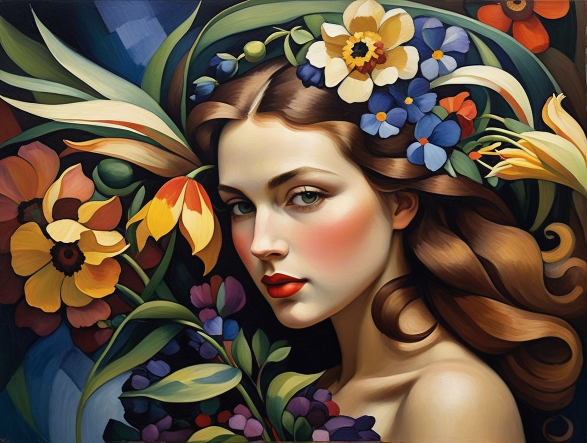 Woman with Wavy Hair and Floral Background