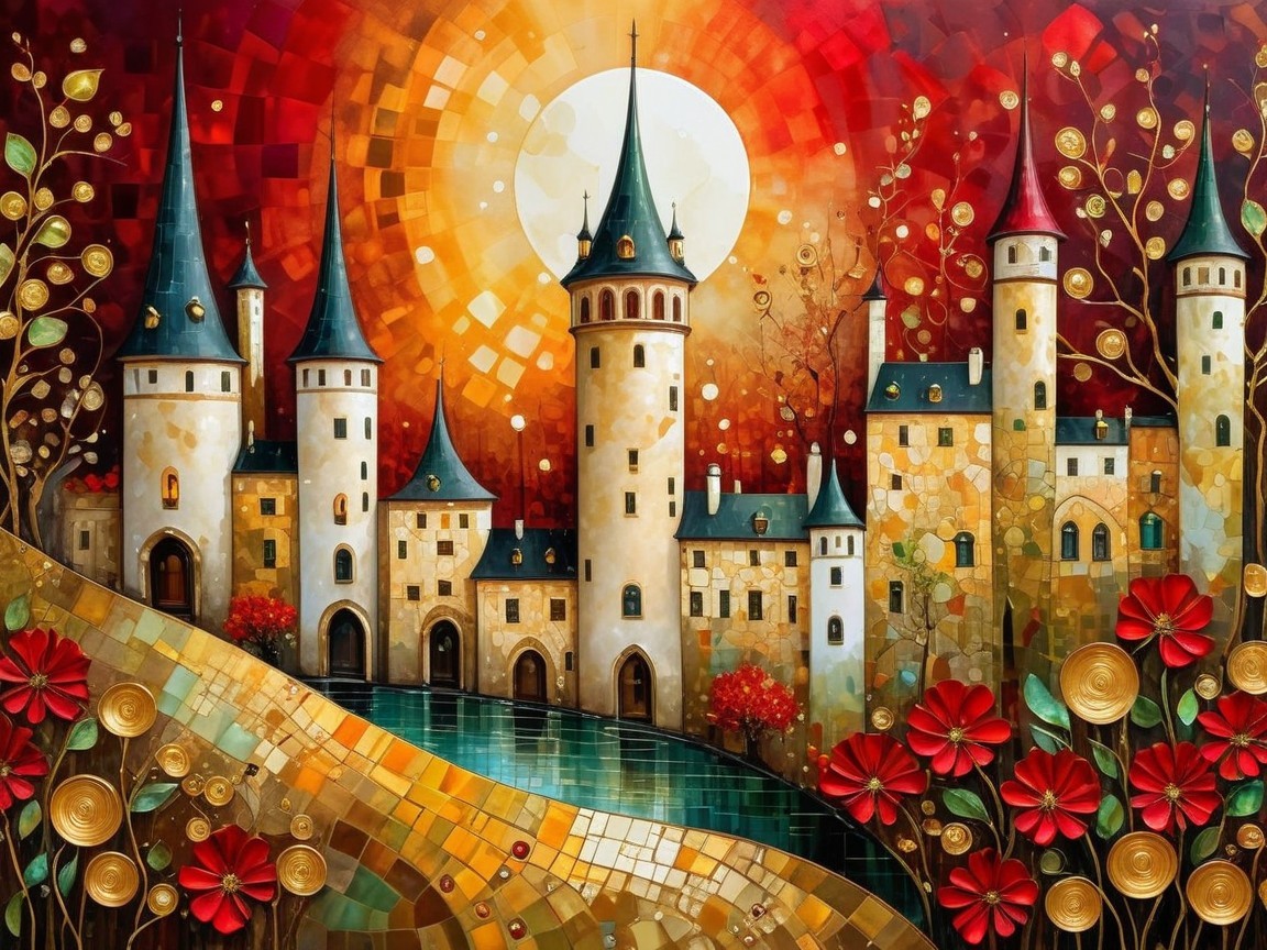 Vibrant Castle Scene with Colorful Landscape Elements