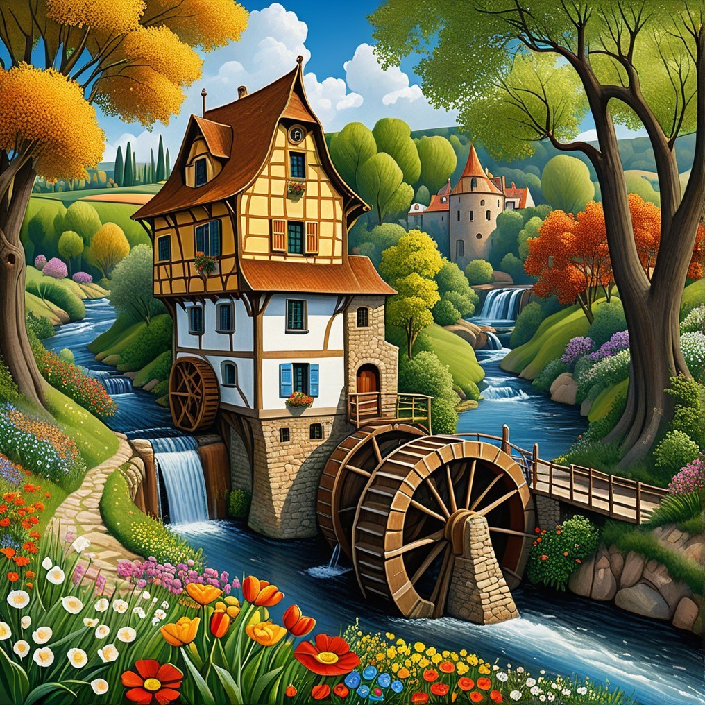 Charming Watermill by Serene River with Autumn Colors