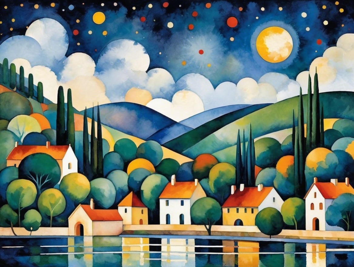 Vibrant Landscape of a Village by a Shimmering Lake