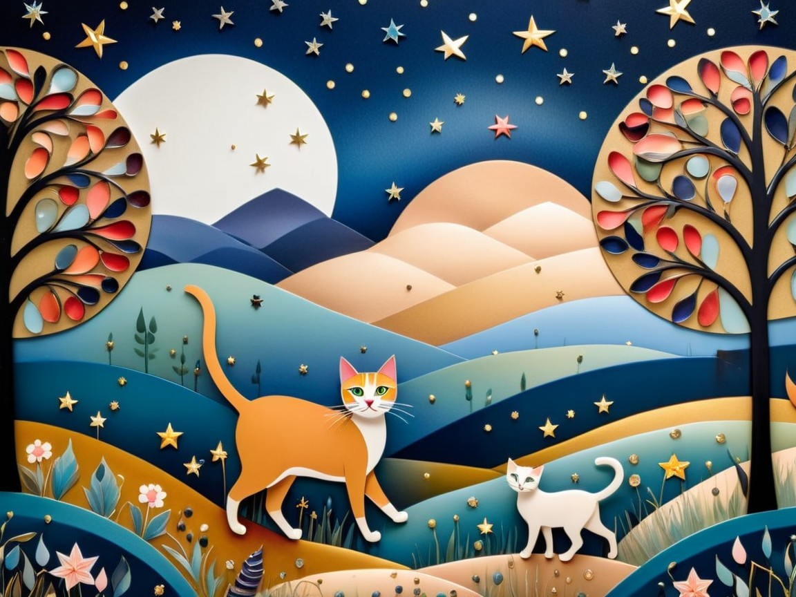 Whimsical Landscape with Cats Under Starry Sky