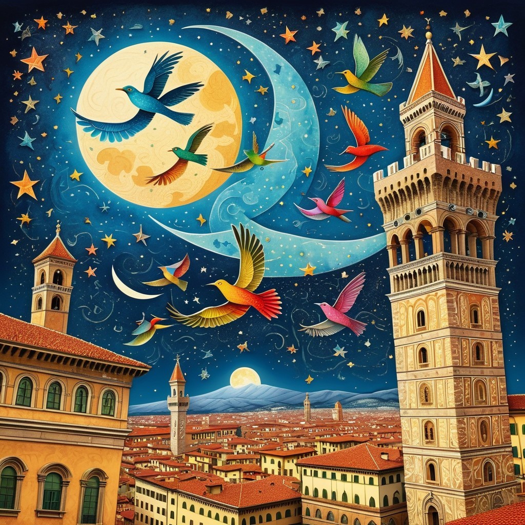 Whimsical Cityscape Under Starry Sky and Crescent Moon