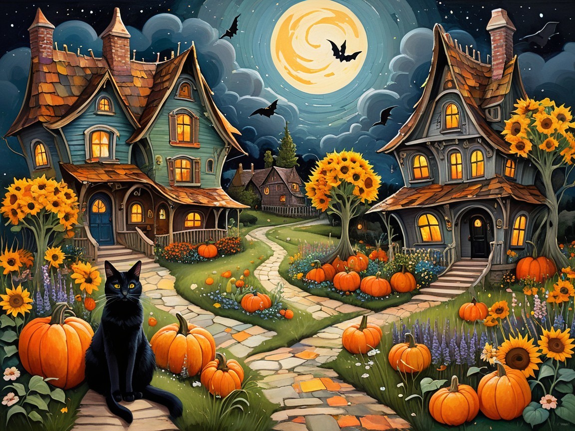 Whimsical Halloween Scene with Homes and Sunflowers