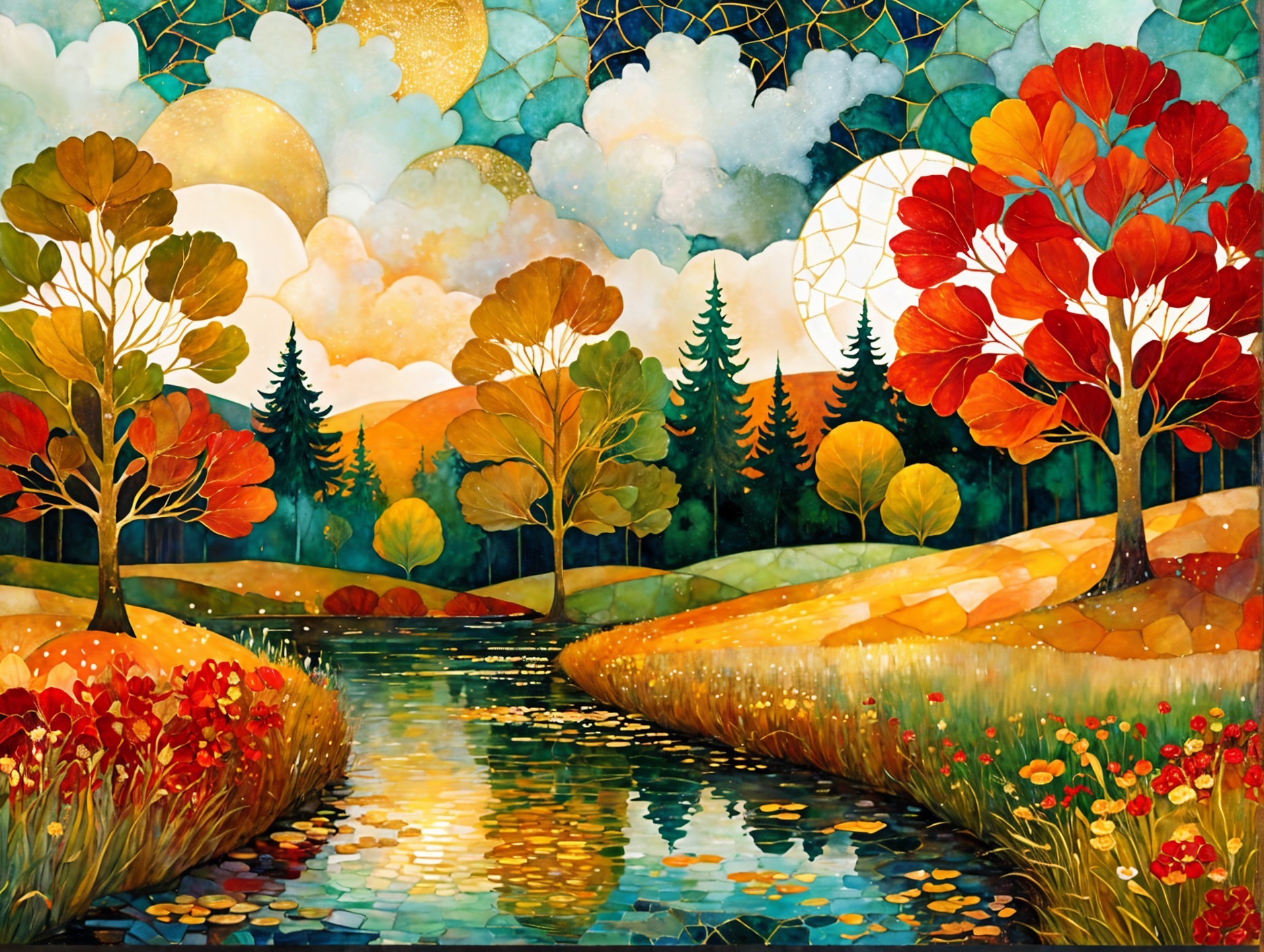 Vibrant Autumn Landscape with Colorful Trees and River