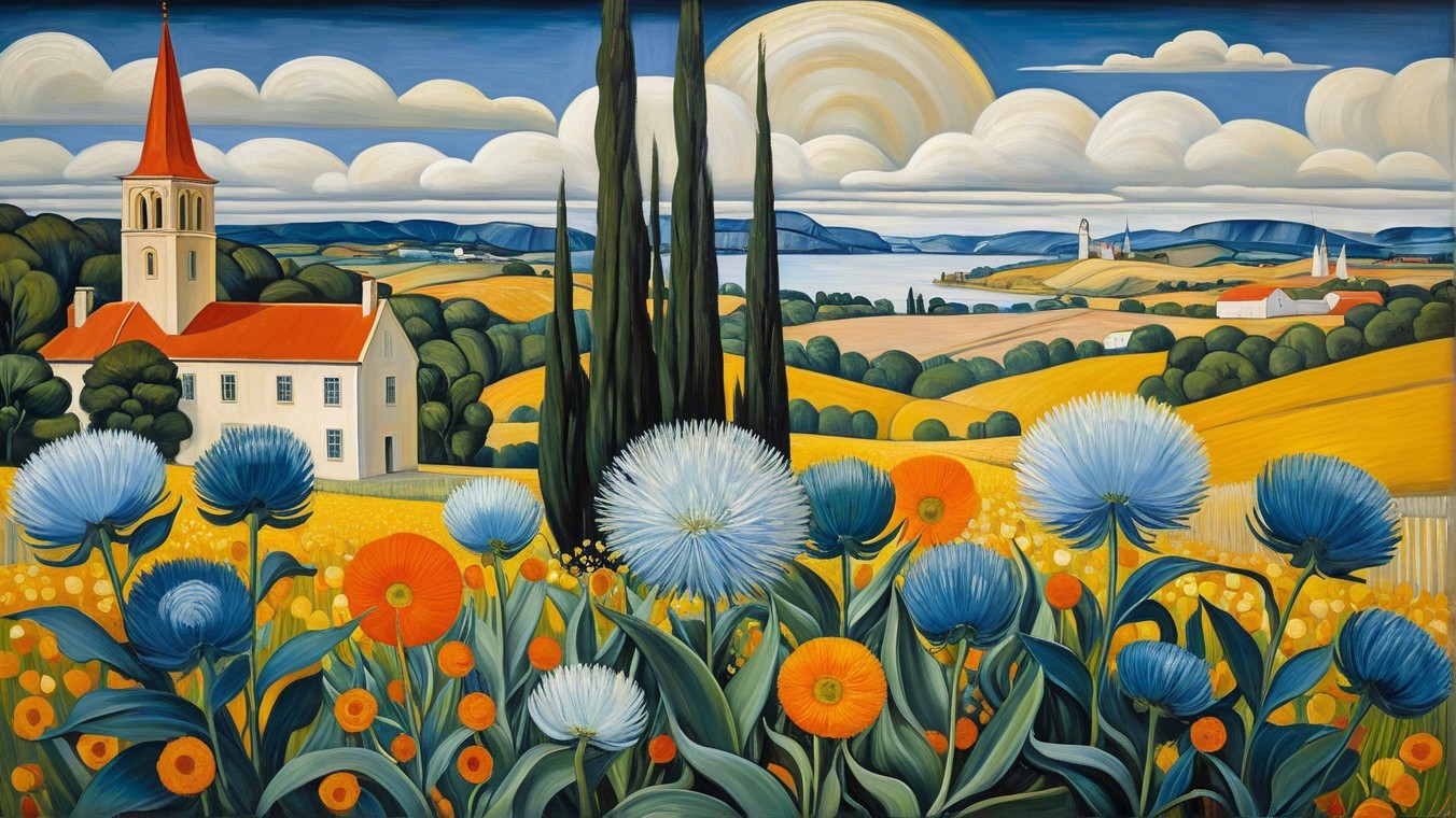 Vibrant Landscape with Church, Flowers, and Lake