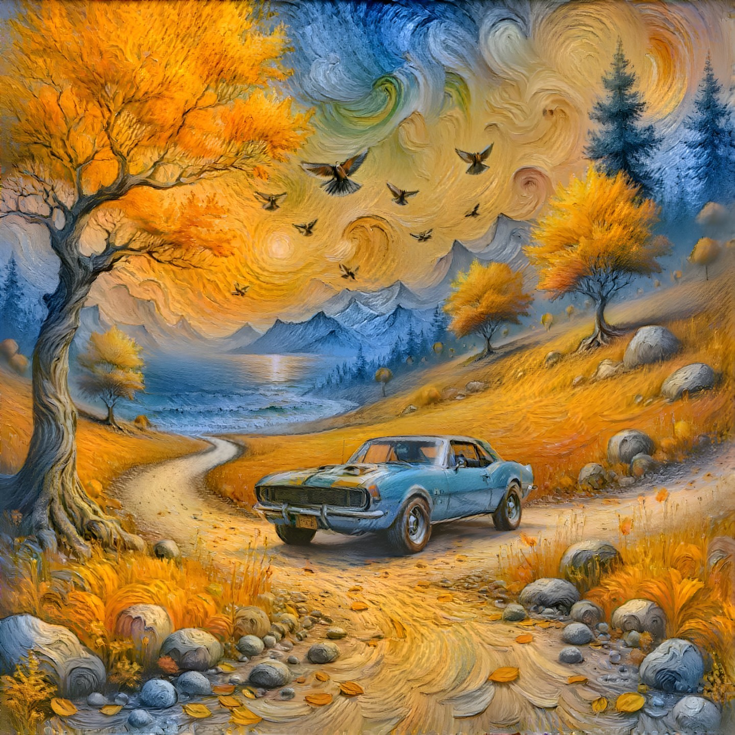 Vintage Blue Car on Winding Dirt Road in Autumn