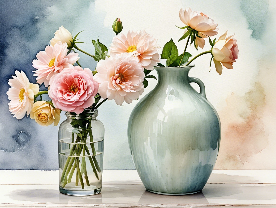 Pastel Flowers in Elegant Vases with Watercolor Background